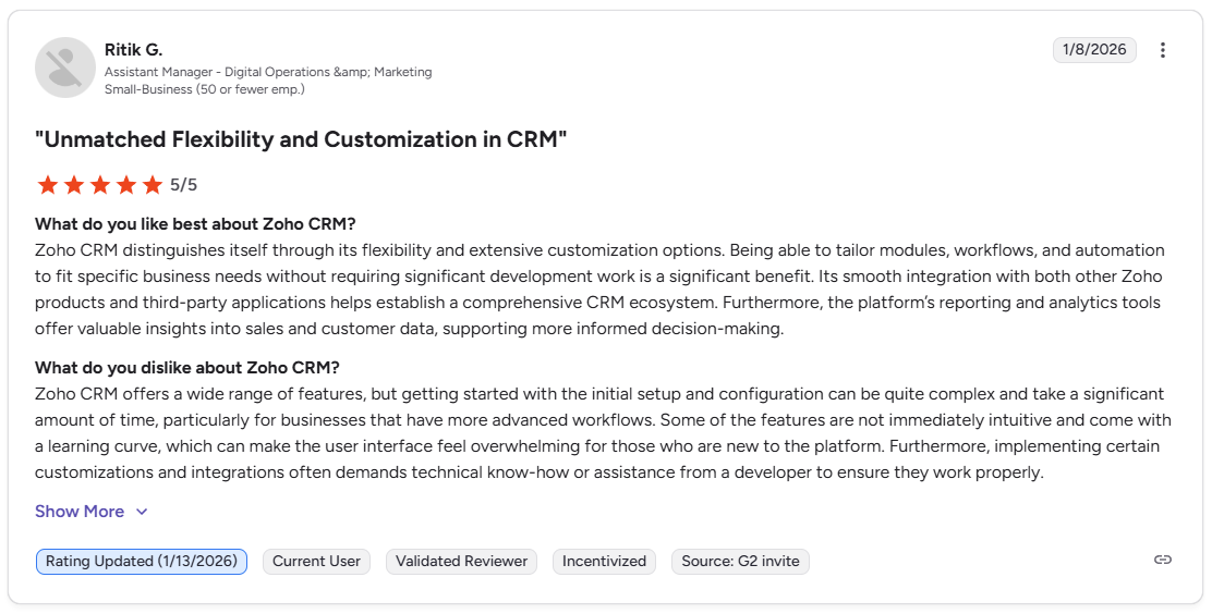 Ritik G. G2 review of Zoho CRM praising flexibility and customization options for business workflows
