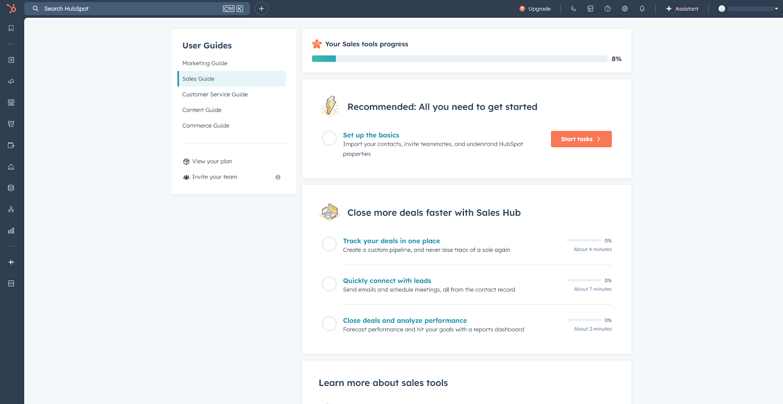 HubSpot CRM dashboard showing sales guide setup tasks and deal tracking tools
