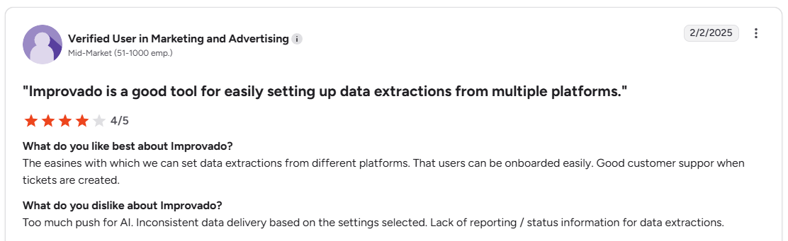 Verified user G2 review of Improvado noting inconsistent data delivery and lack of reporting status information