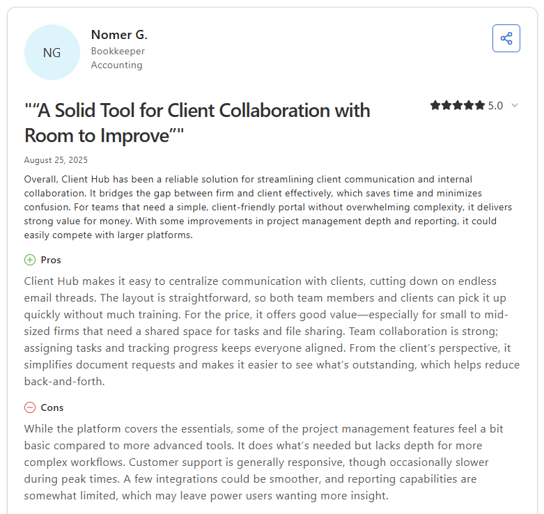 Nomer G. bookkeeper review of Client Hub on Capterra