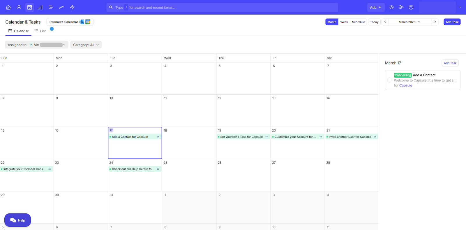 Capsule CRM calendar and tasks view showing onboarding steps and task management interface