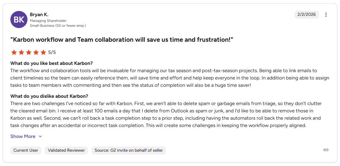 Bryan K. G2 review of Karbon praising workflow and team collaboration tools for tax season