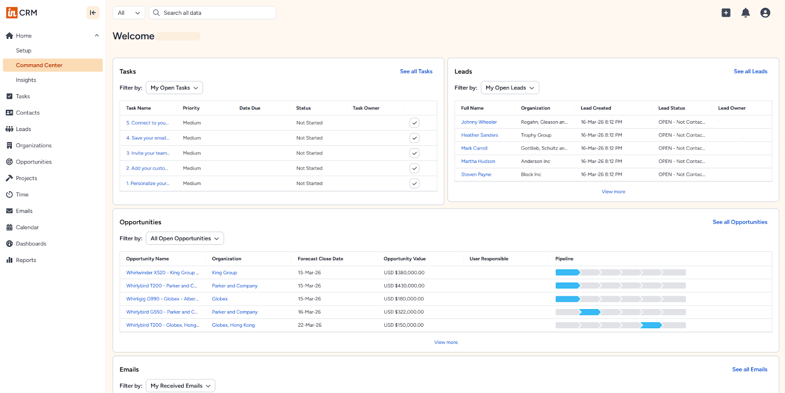 Insightly CRM dashboard showing tasks, leads, opportunities, and email management in one interface