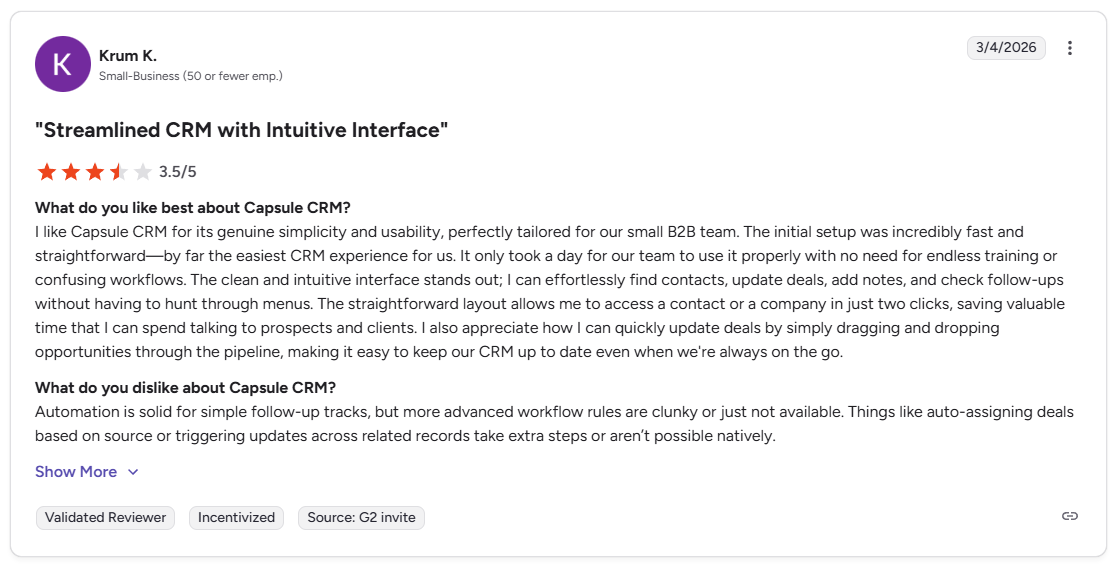 Krum K. G2 review of Capsule CRM noting limited advanced automation and workflow rule gaps