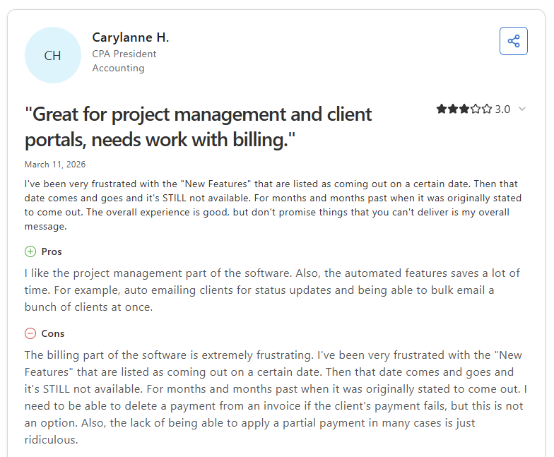 Carylanne H. Capterra review of TaxDome noting billing limitations and delayed feature releases
