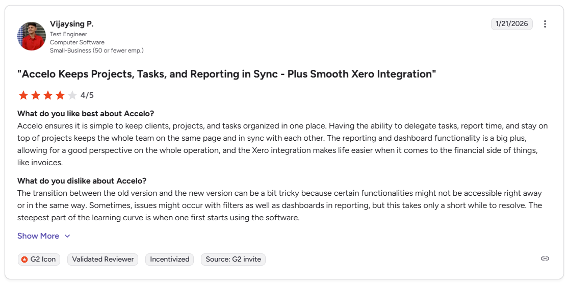 Joe W. G2 review of Accelo praising unified CRM billing and project management for business scaling