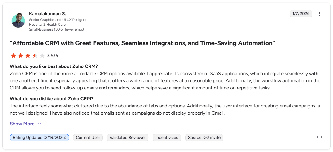 Kamalakannan S. G2 review of Zoho CRM noting cluttered interface and email campaign display issues
