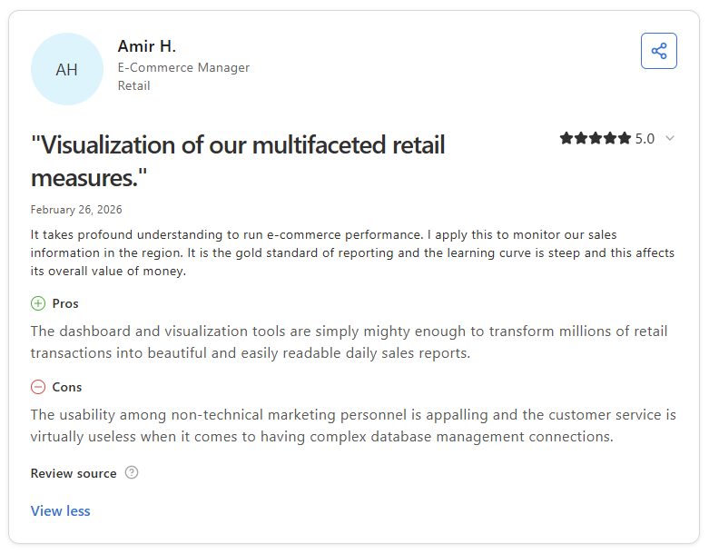 Capterra review from Amir H. praising Tableau’s dashboard and visualization tools for turning large retail datasets into readable daily sales reports.
