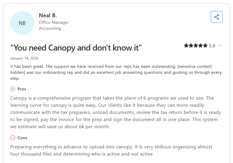 Neal B. office manager review of Canopy on Capterra