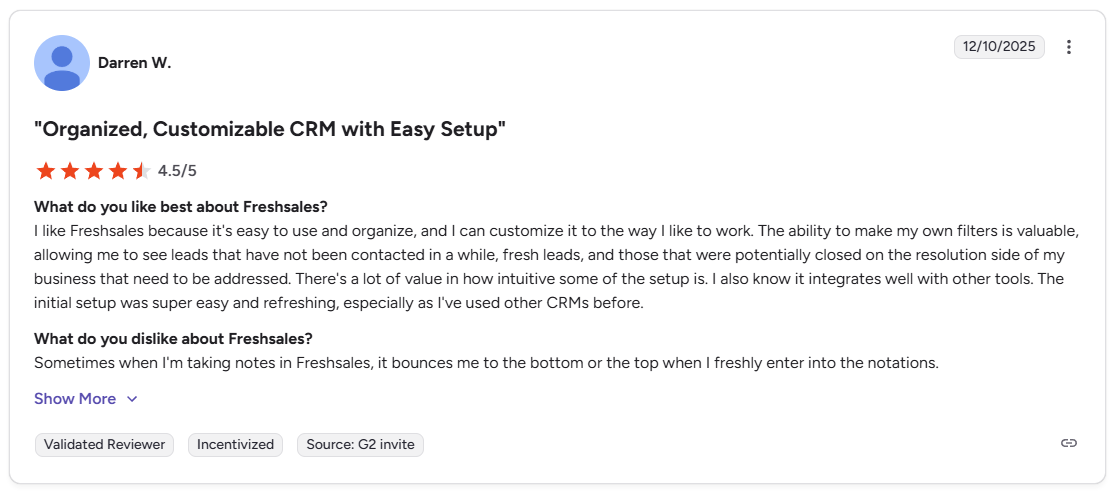 Harry S. Capterra review of Freshsales noting high add-on costs and poor customer support experience