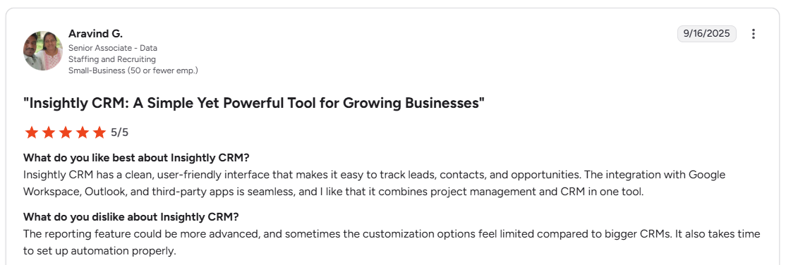 Aravind G. G2 review of Insightly CRM praising clean interface and project management and CRM combination