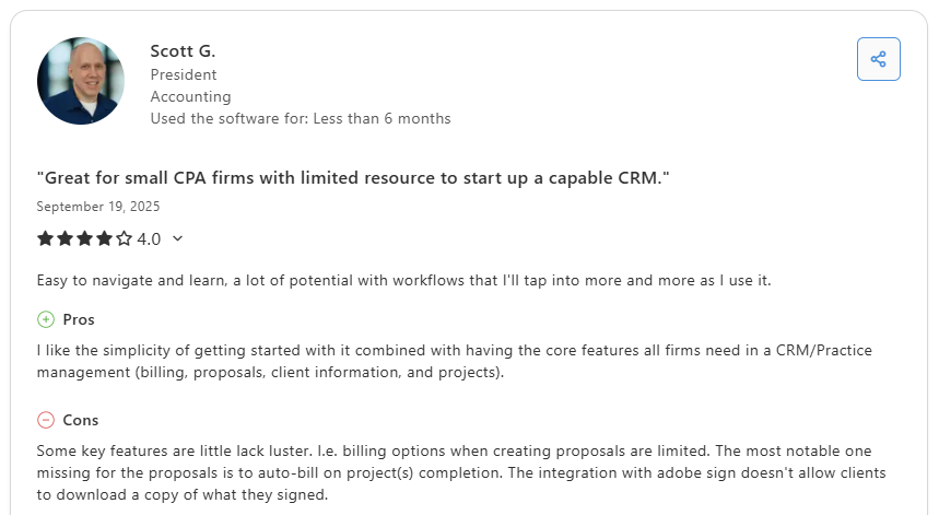 Scott G. Capterra review of Financial Cents noting limited billing options and Adobe Sign download gap