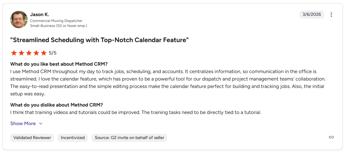 Jason K. G2 review of Method CRM praising calendar feature and job tracking for scheduling and accounts