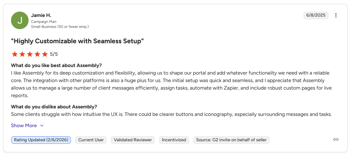 Jamie H. G2 review of Assembly praising customization and flexibility for client reporting