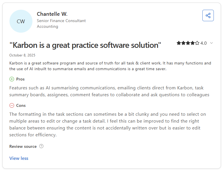 Chantelle W. Capterra review of Karbon noting task formatting issues and editing friction