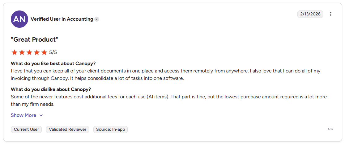 Verified user in accounting 5 star review of Canopy on G2