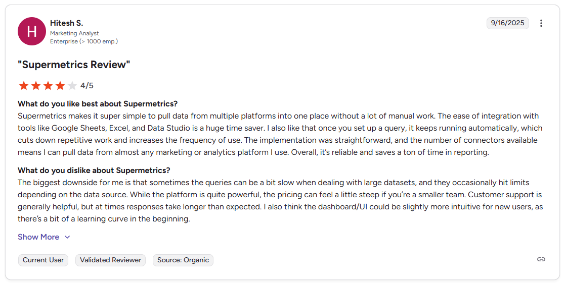 Hitesh S. G2 review of Supermetrics noting slow queries on large datasets and steep learning curve