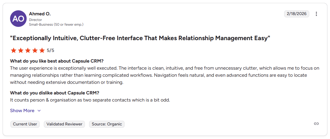 Ahmed O. G2 review of Capsule CRM praising clean clutter-free interface and easy relationship management