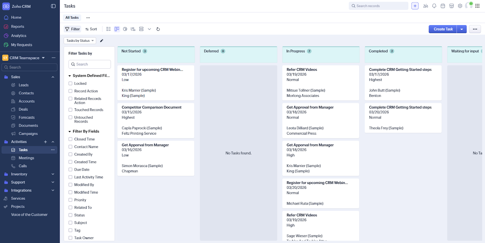 Zoho CRM task management dashboard showing kanban board with deal stages and contact records