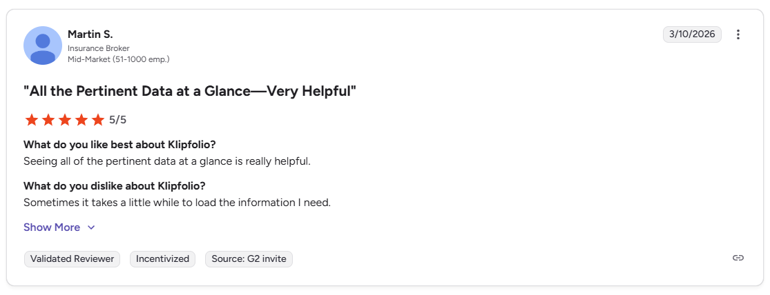 Martin S. G2 review of Klipfolio praising at-a-glance data visibility