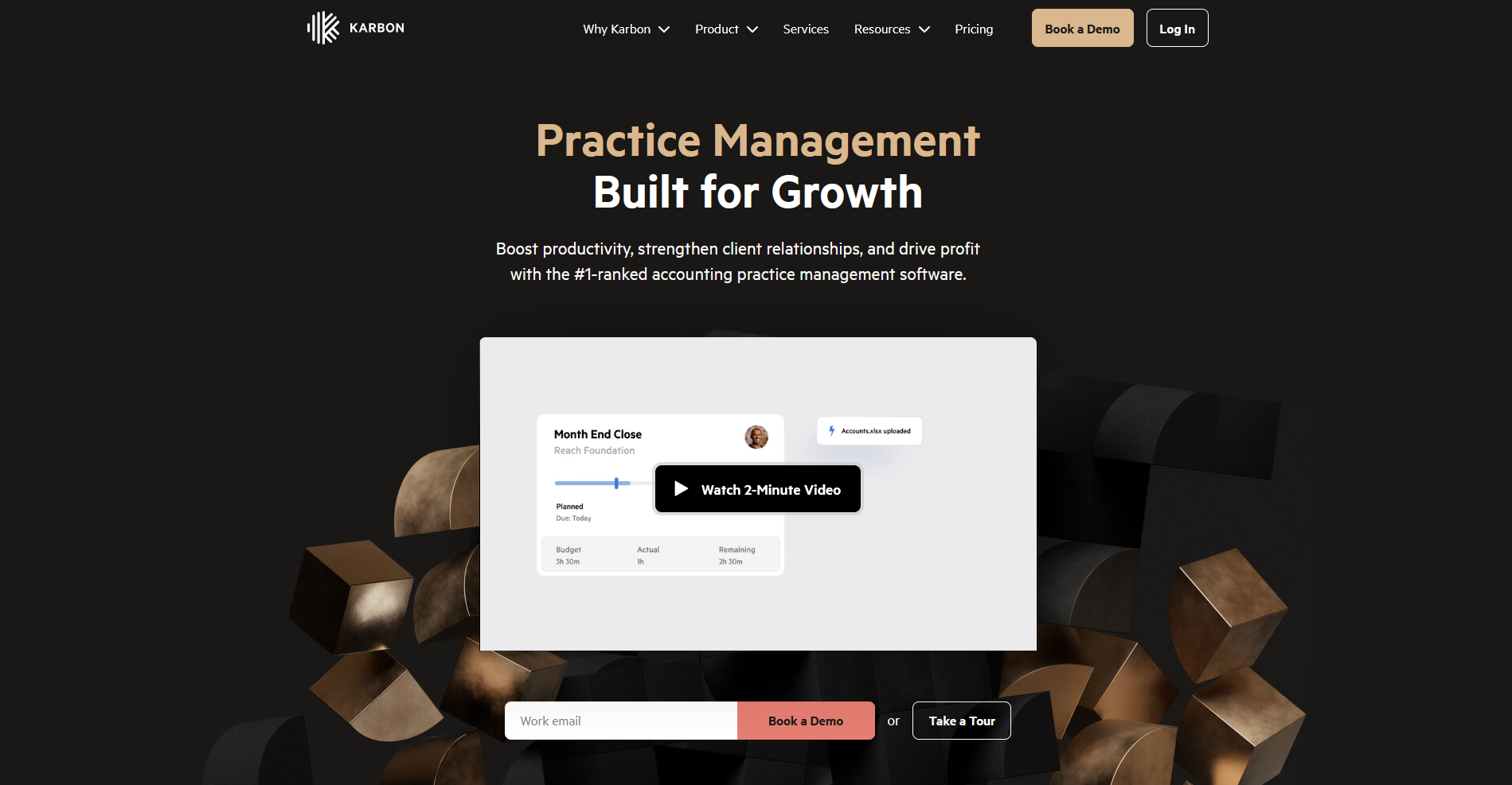 Karbon practice management software homepage showing month end close workflow and booking options