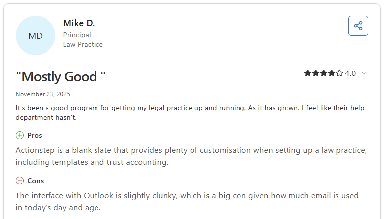 Capterra review of Actionstep by Mike D., principal at a law practice, rated 4 out of 5 stars, praising customisation and flagging clunky Outlook integration.