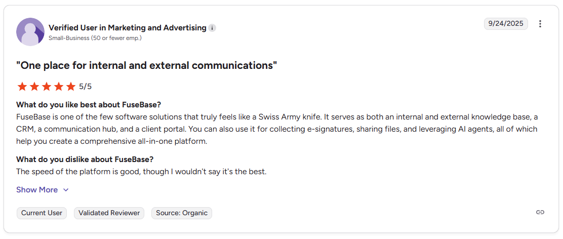 G2 review by a verified user in Marketing and Advertising at a small business, giving FuseBase 5 out of 5 stars, dated September 24, 2025.