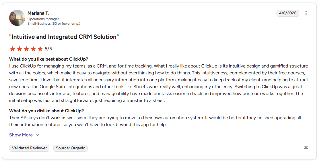 G2 review by Mariana T., Operations Manager at a small business, giving ClickUp 5 out of 5 stars, dated April 6, 2026.