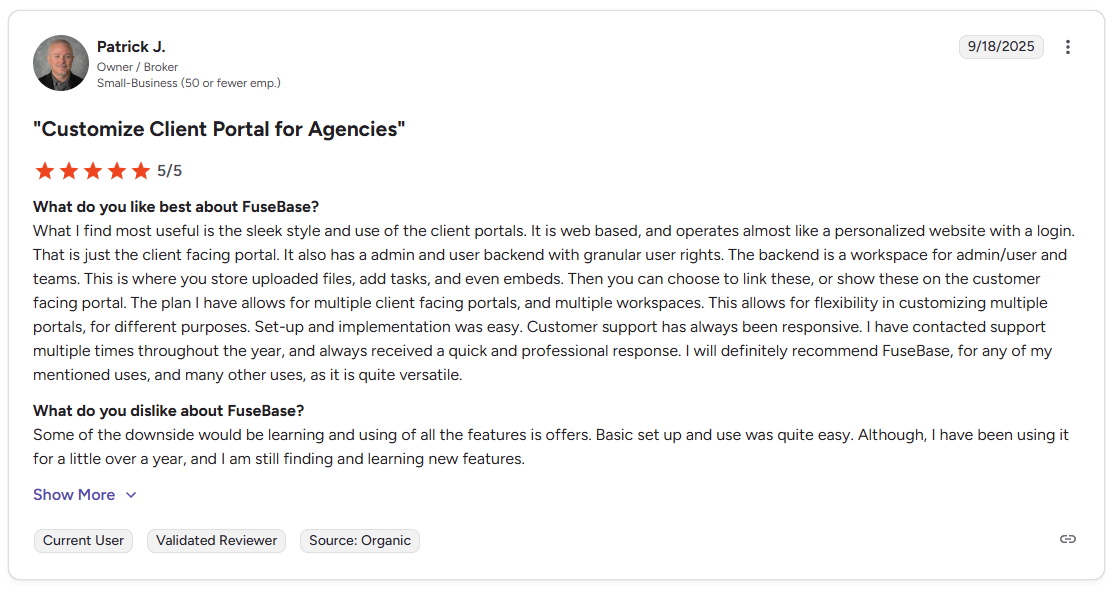 G2 review by Patrick J., Owner/Broker at a small business, giving FuseBase 5 out of 5 stars, dated September 18, 2025.