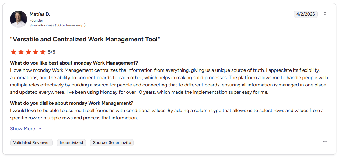 Matías D. five star G2 review of monday.com Work Management praising flexibility and centralized information