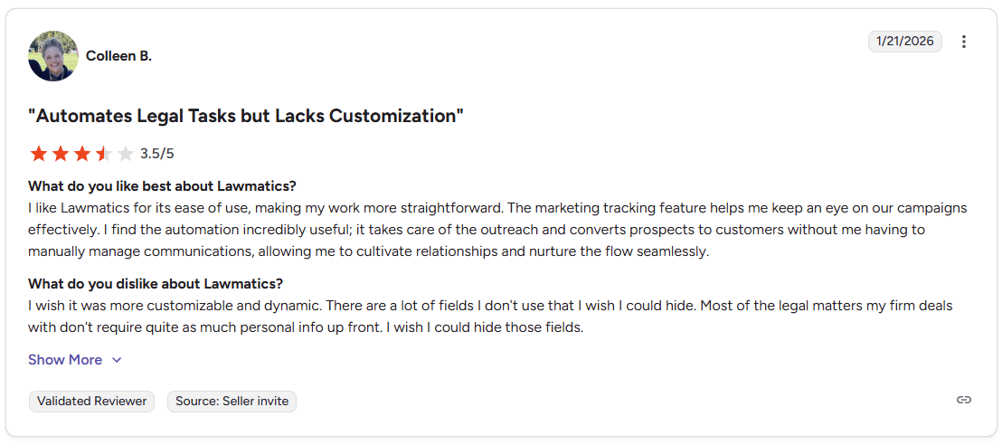 G2 review of Lawmatics by Colleen B., rated 3.5 out of 5 stars, praising automation and flagging limited field customization.