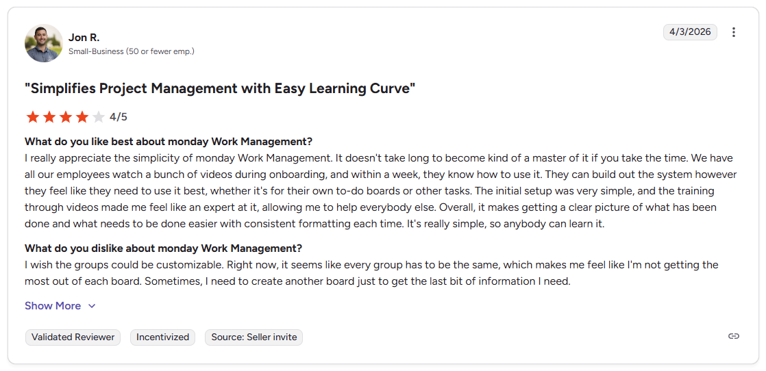Jon R. four star G2 review of monday.com Work Management noting group customization limitations
