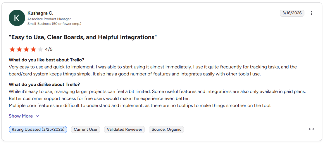 Kushagra C. four star G2 review of Trello noting limitations for larger projects and lack of tooltips