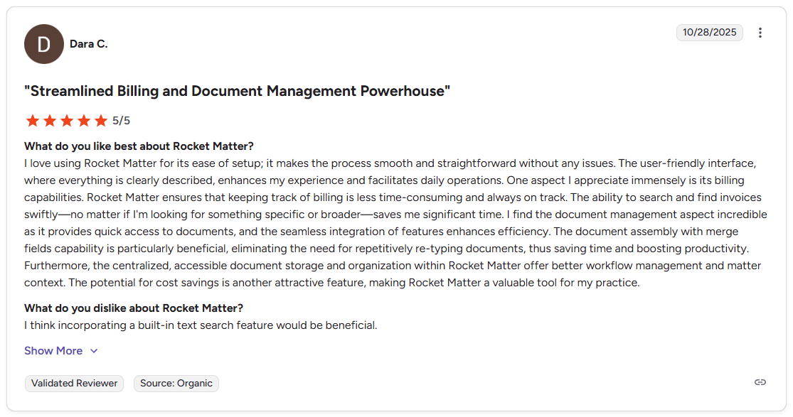 G2 review of Rocket Matter by Dara C., rated 5 out of 5 stars, praising billing and document management, and suggesting a built-in text search feature.