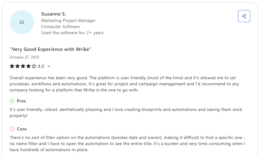 Suzanne S. four star Capterra review of Wrike noting automation filtering limitations