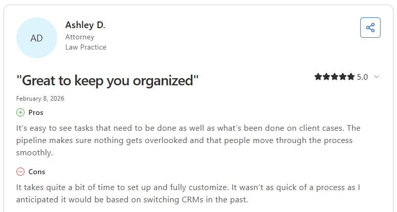 Capterra review of Lawmatics by Ashley D., attorney, rated 5 out of 5 stars, praising task visibility and pipeline management.