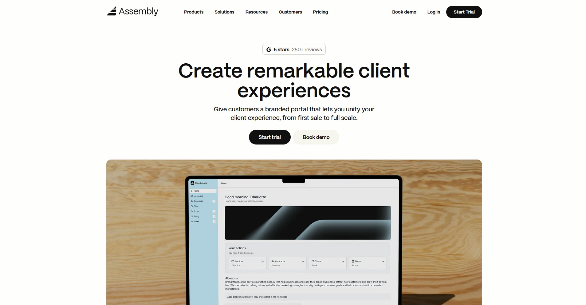 Assembly homepage with an image of the tool dashboard showing client portal homepage