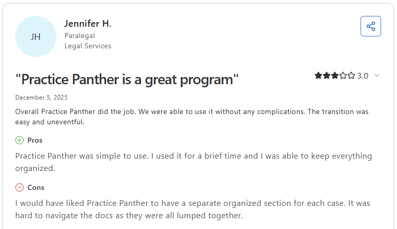 Capterra review of PracticePanther by Jennifer H., a paralegal, rated 3 out of 5 stars, noting ease of use but flagging poor document navigation across cases.