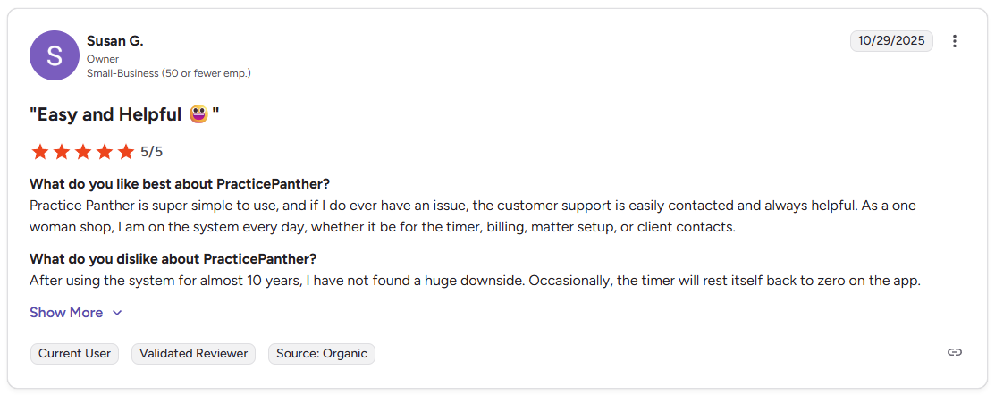 G2 review of PracticePanther by Susan G., rated 5 out of 5 stars, praising ease of use and customer support.