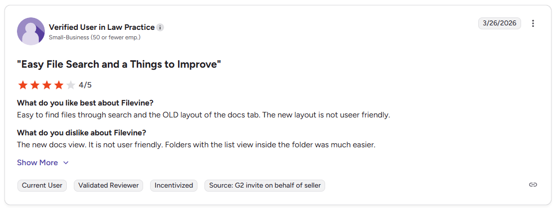 G2 review of Filevine by a verified user in law practice at a small business, rated 4 out of 5 stars