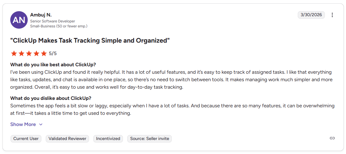 Ambuj N. five star G2 review of ClickUp praising task tracking and all-in-one workspace