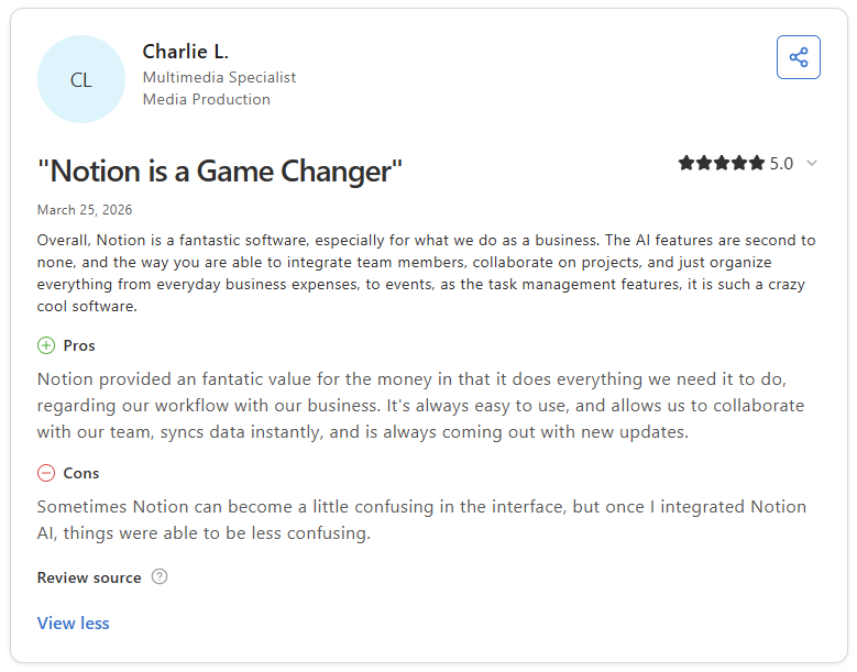 Charlie L. five star Capterra review of Notion praising workflow flexibility and team collaboration features