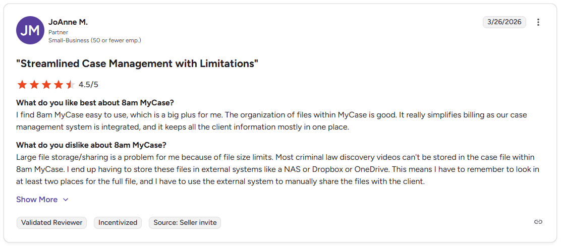 G2 review of MyCase by JoAnne M., partner, rated 4.5 out of 5 stars, praising file organization and billing integration.