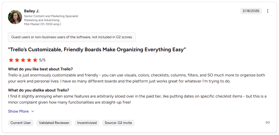 Bailey J. five star G2 review of Trello praising customizable boards and ease of organization