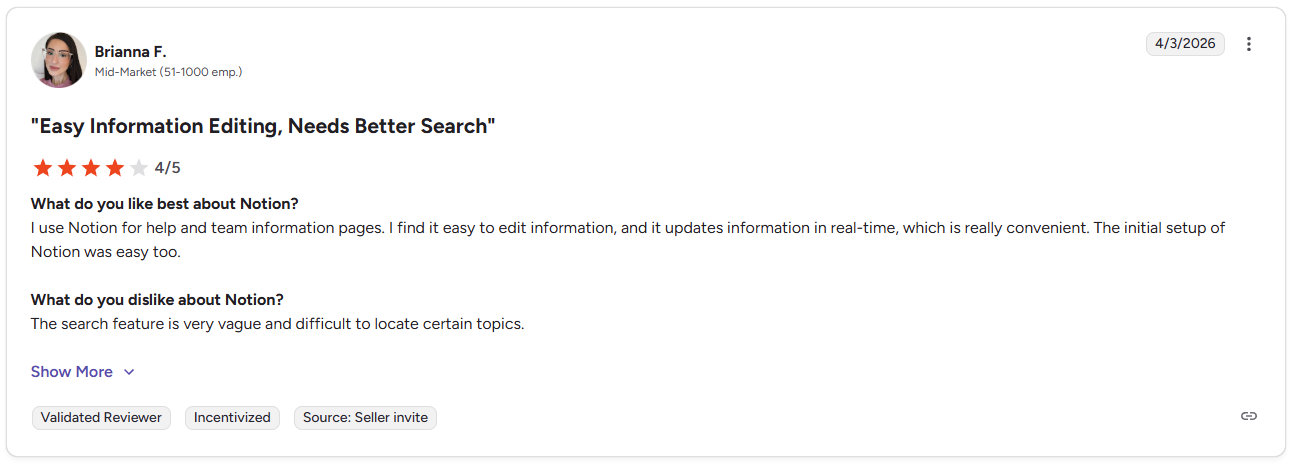 Brianna F. four star G2 review of Notion noting vague search functionality