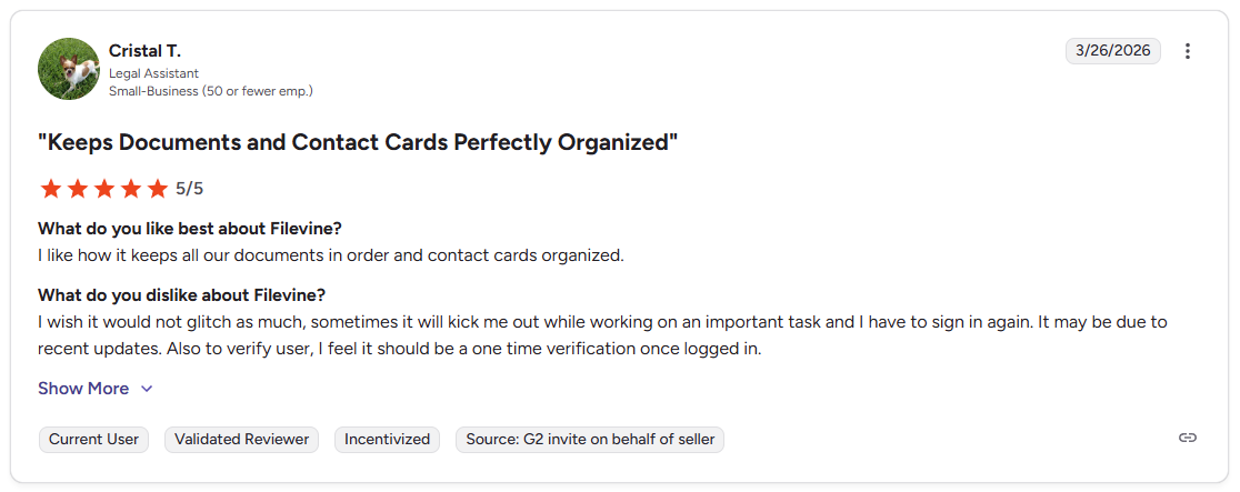G2 review of Filevine by Cristal T., a legal assistant at a small business, rated 5 out of 5 stars
