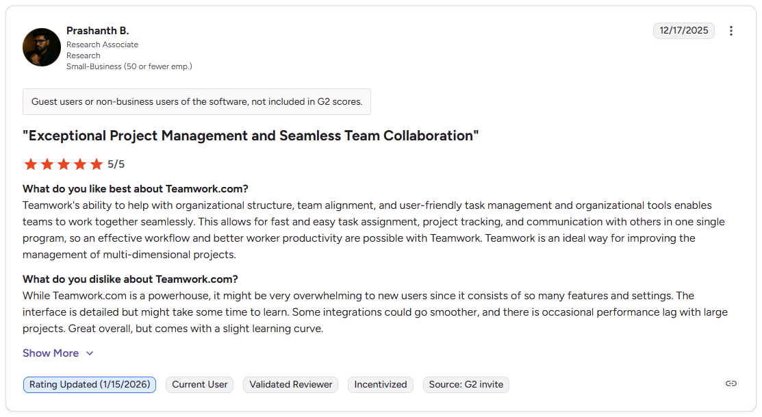 G2 review by Prashanth B., Research Associate at a small business, giving Teamwork.com 5 out of 5 stars, dated December 17, 2025.