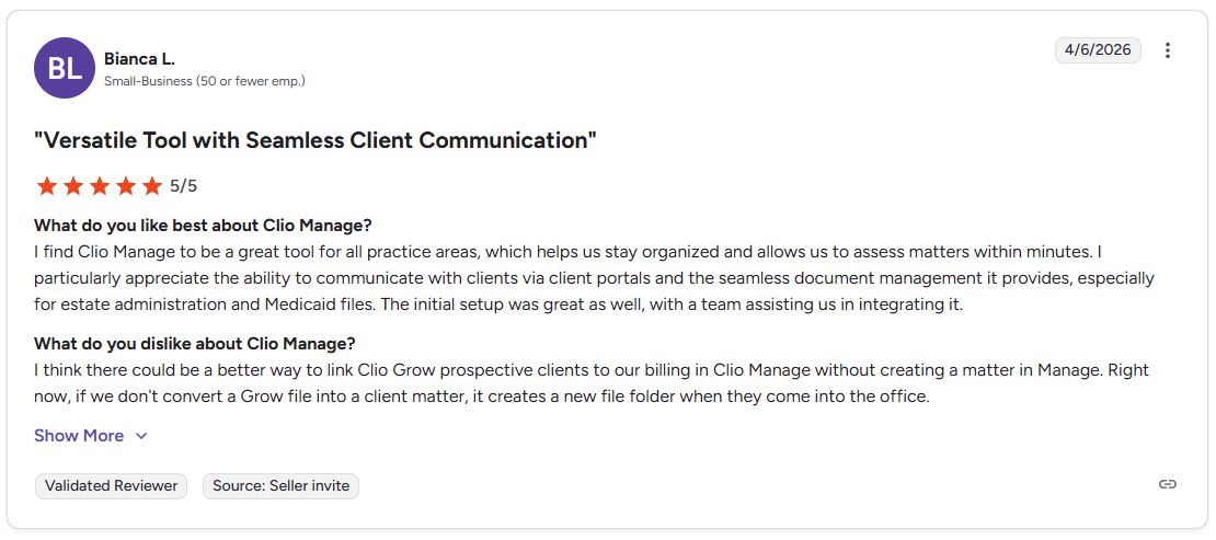 G2 review of Clio Manage by Bianca L., rated 5 out of 5 stars, highlighting versatile practice area support, client portal communication, and document management for estate administration and Medicaid files.