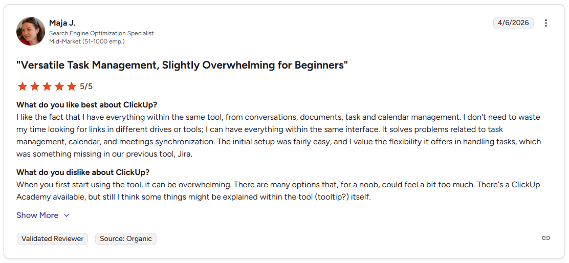 G2 review by Maja J., SEO Specialist at a mid-market company, giving ClickUp 5 out of 5 stars, dated April 6, 2026.