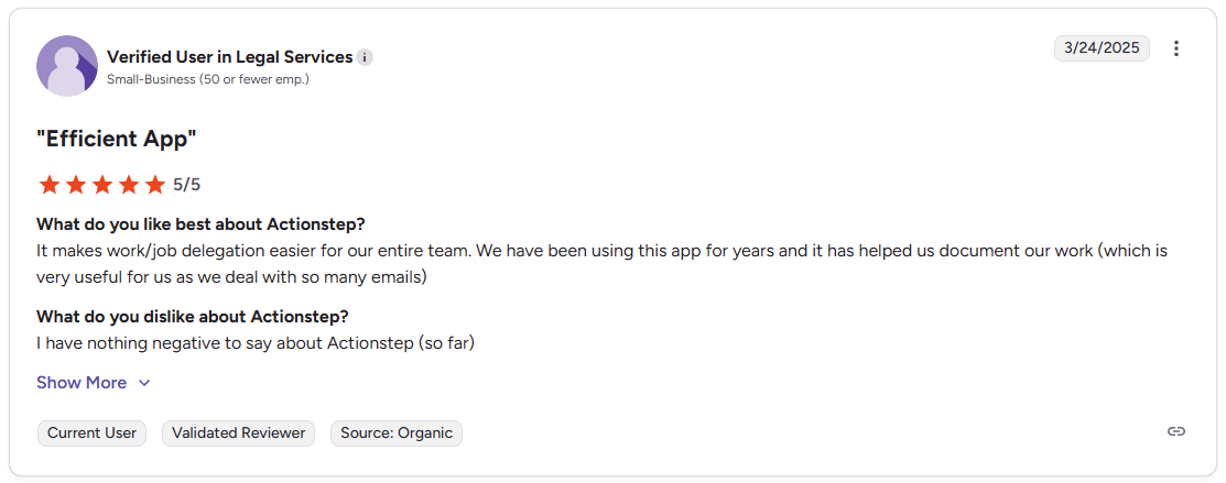 G2 review of Actionstep by a verified user in legal services, rated 5 out of 5 stars, praising team delegation and work documentation.